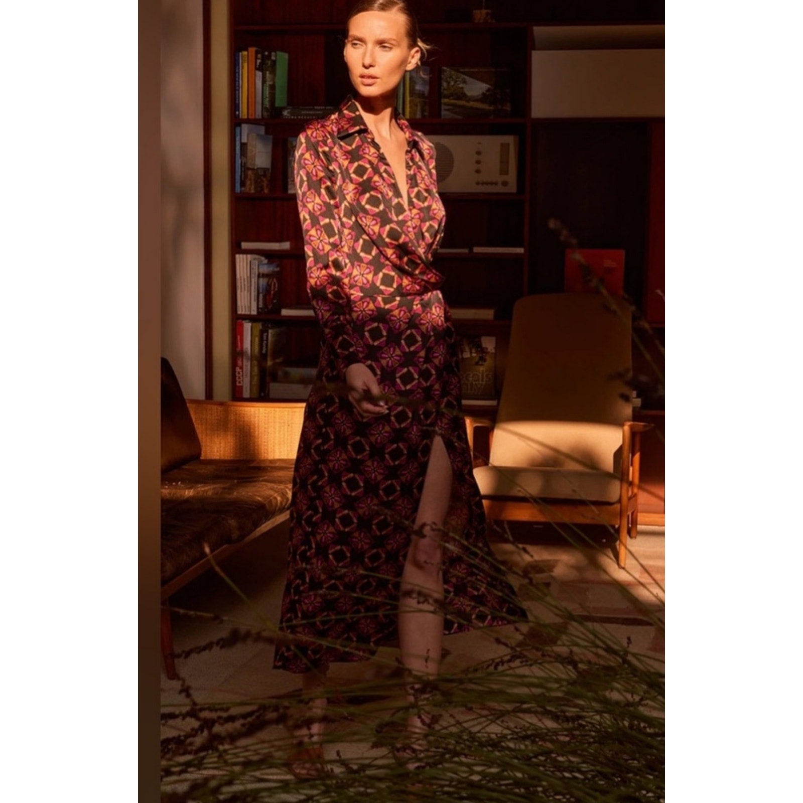 New Anthropologie x MISA Long-Sleeve Geo Wrap Dress $435 MEDIUM Midi Black