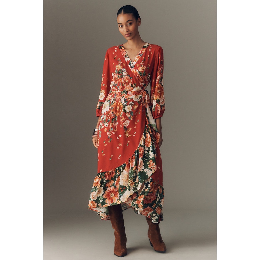 Anthropologie Farm Rio Long-Sleeve Floral Wrap Midi Dress X-SMALL Red FARM Rio