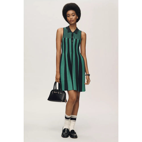 Green and black striped sleeveless knit mini swing dress with front button placket