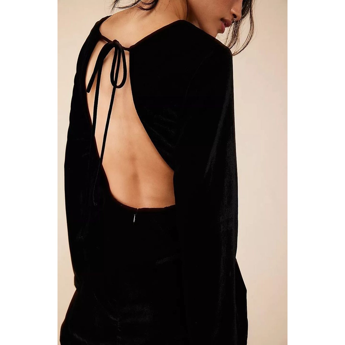 New Free People Chelsey Mini Dress VELVET $128 SMALL Black Open Back Long-Sleeve