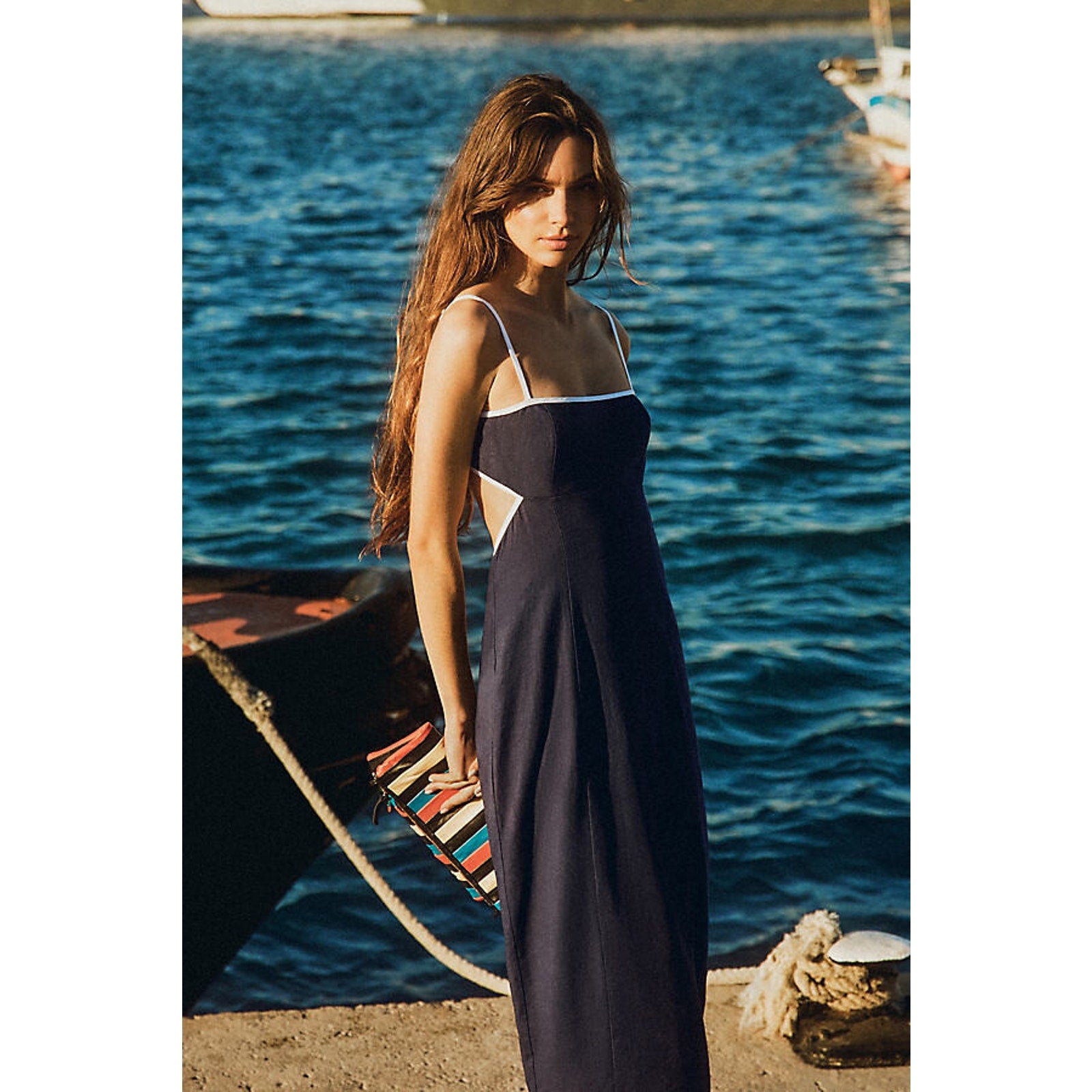 Anthropologie The Dafni Cutout Linen Midi Dress by Maeve $168 X-LARGE Navy