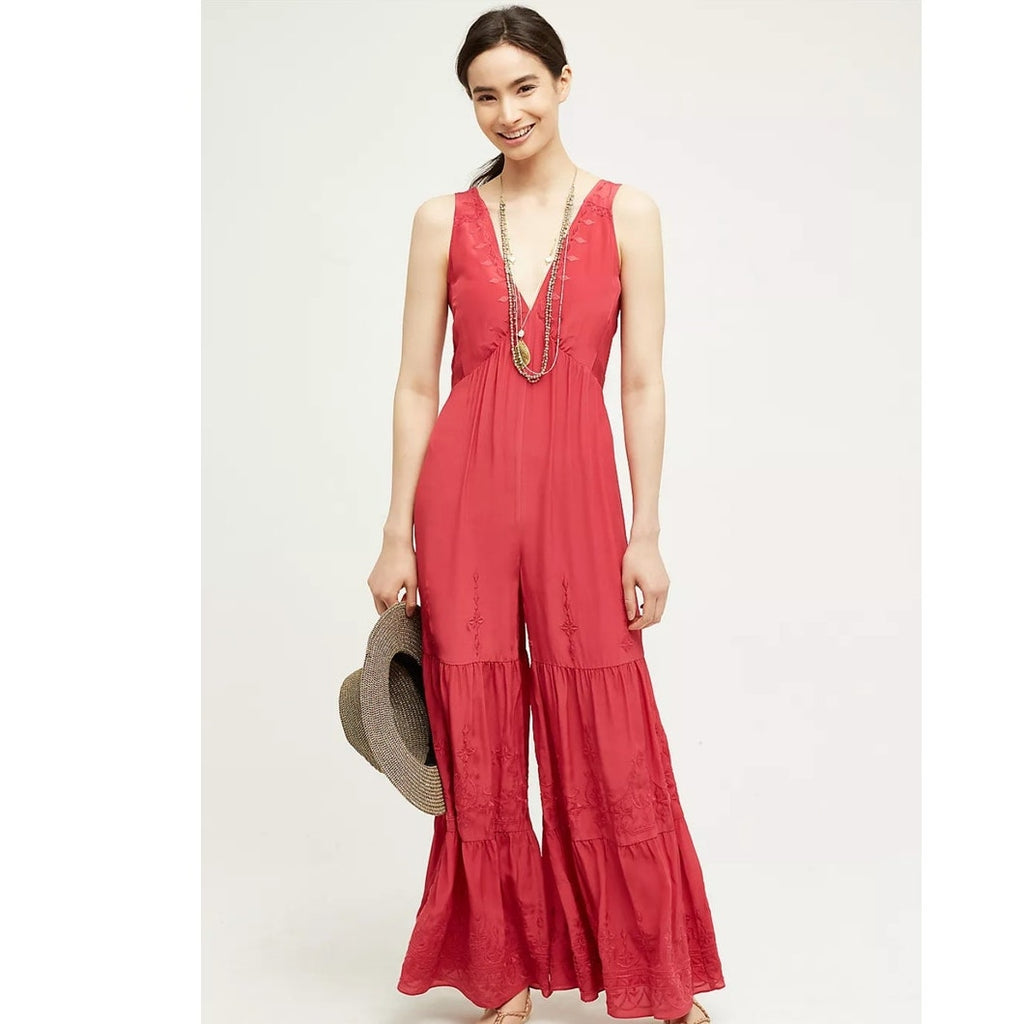 Anthropologie Elevenses Embroidered Silk Jumpsuit