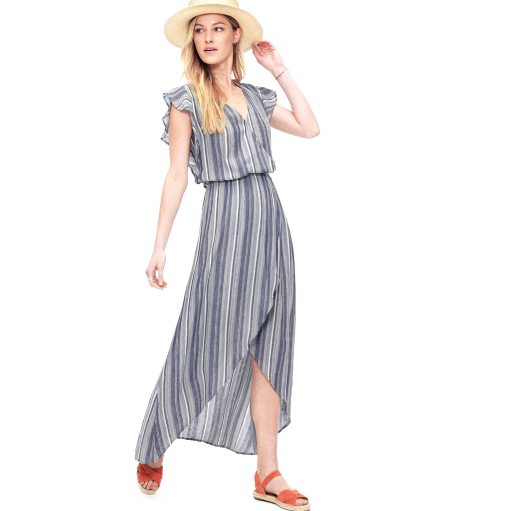 Striped chambray maxi dress with ruffled tulip sleeves, V-neck, and flowing skirt
