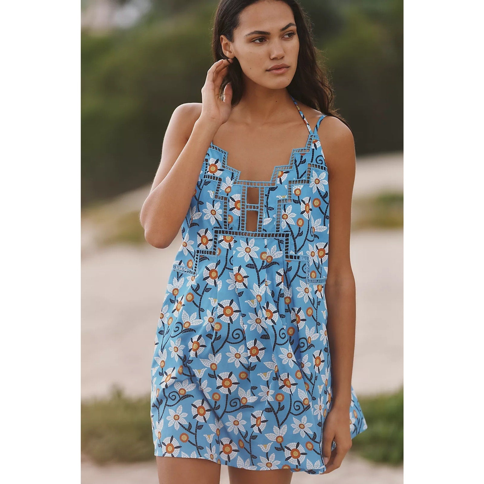 Anthropologie Celandine Mosaic Tiles Mini Dress SMALL Blue COVERUP Anthropologie