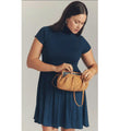 Navy short-sleeve sweater mini dress with ribbed knit bodice and gathered skirt