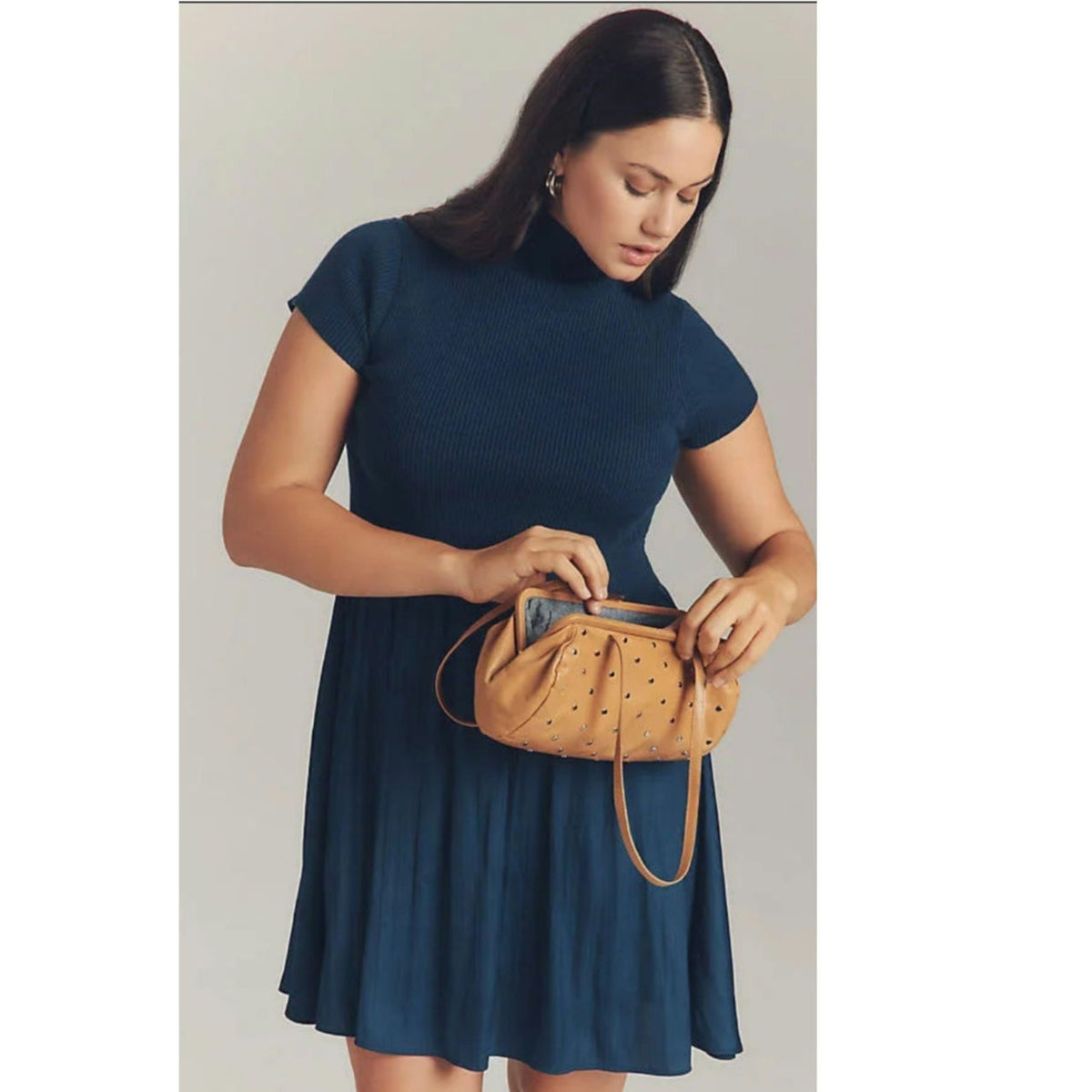 Navy short-sleeve sweater mini dress with ribbed knit bodice and gathered skirt