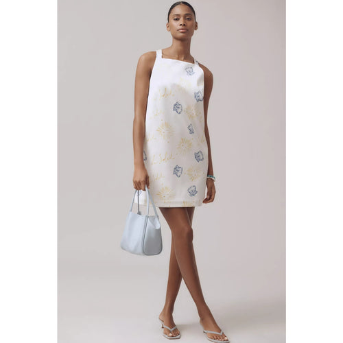 Ivory sleeveless square-neck mini shift dress with blue-and-yellow printed motifs