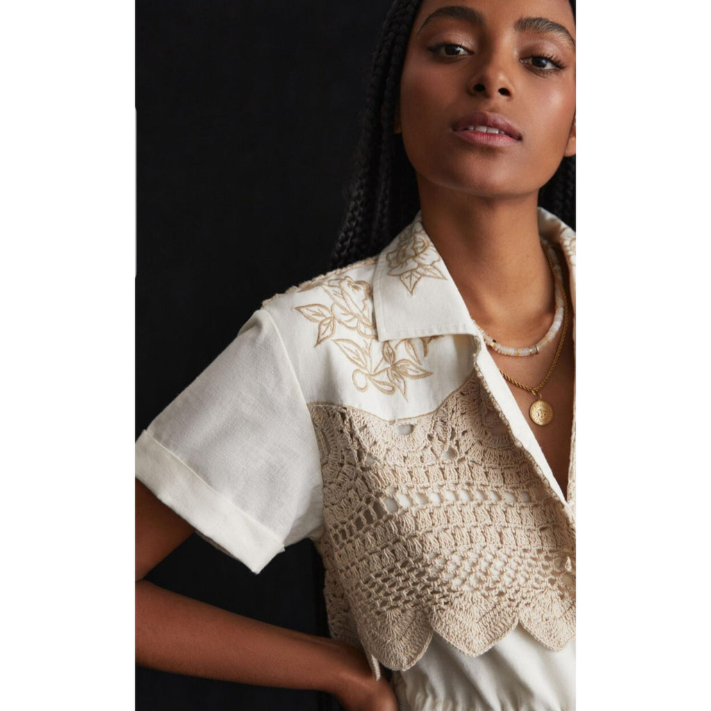 NEW Anthropologie Cotton Crocheted Romper Size 4 Linen Blend
