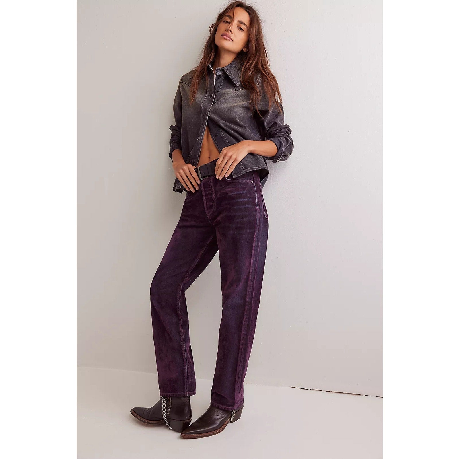 New FREE PEOPLE We The Free First Class Relaxed Flocked Velvet Jeans $248 SZ 28