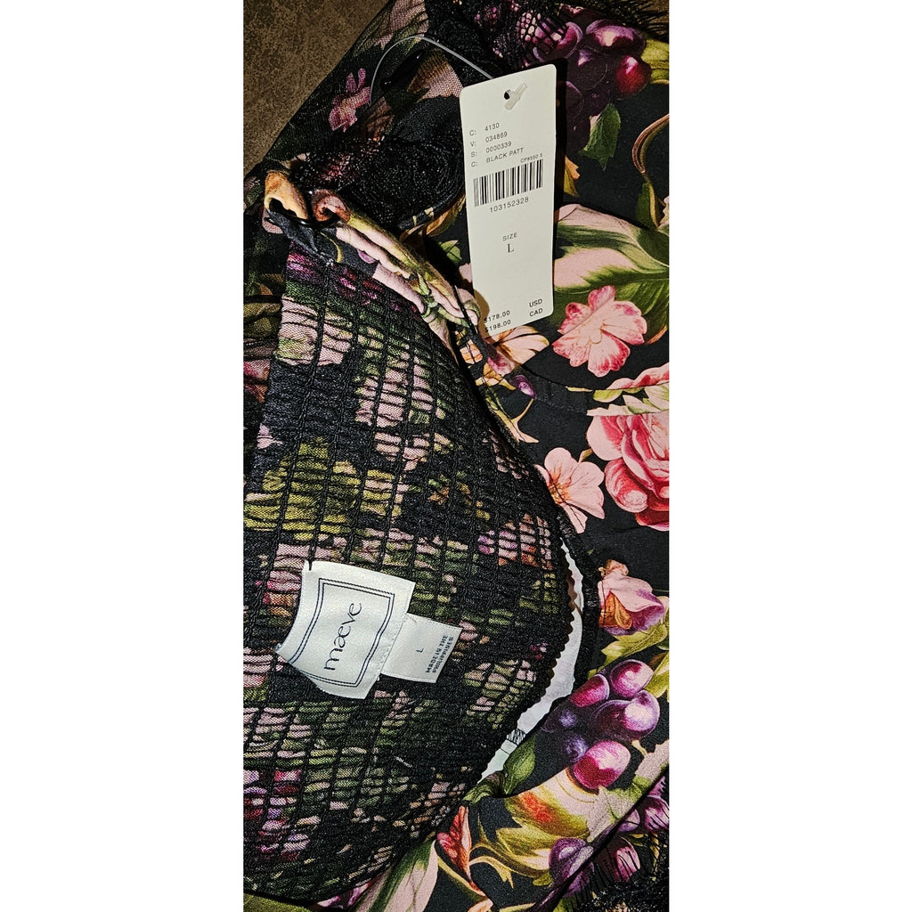 Anthropologie Maeve Floral Fruit Mesh Slip Dress LARGE Black Lace Trim Anthropologie