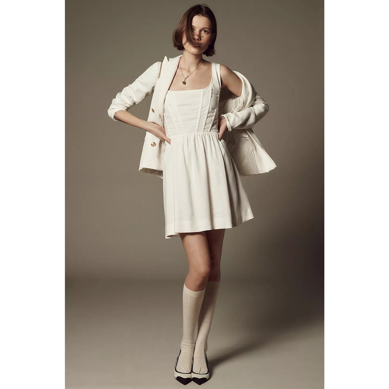 Anthropologie Aureta Fit & Flare Corset Mini Dress $198 MEDIUM White Smocked
