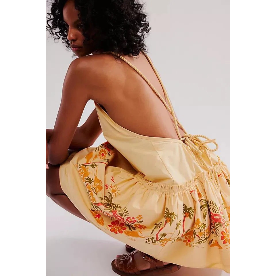 FREE PEOPLE Deserted Island Poplin Mini Dress MEDIUM Apricot Combo Free People