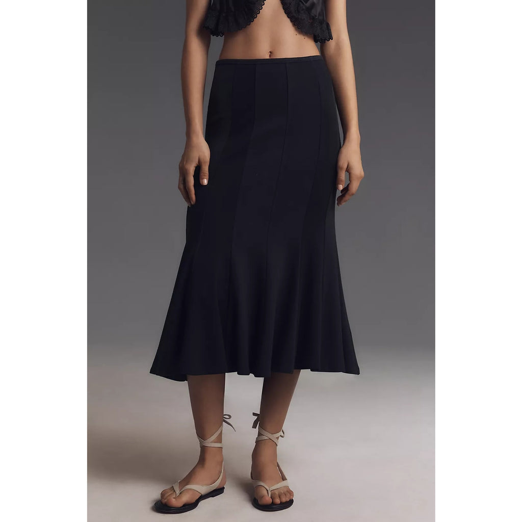 New By Anthropologie Fluted Knit Pencil Midi Skirt $118 SMALL Black Stretchy