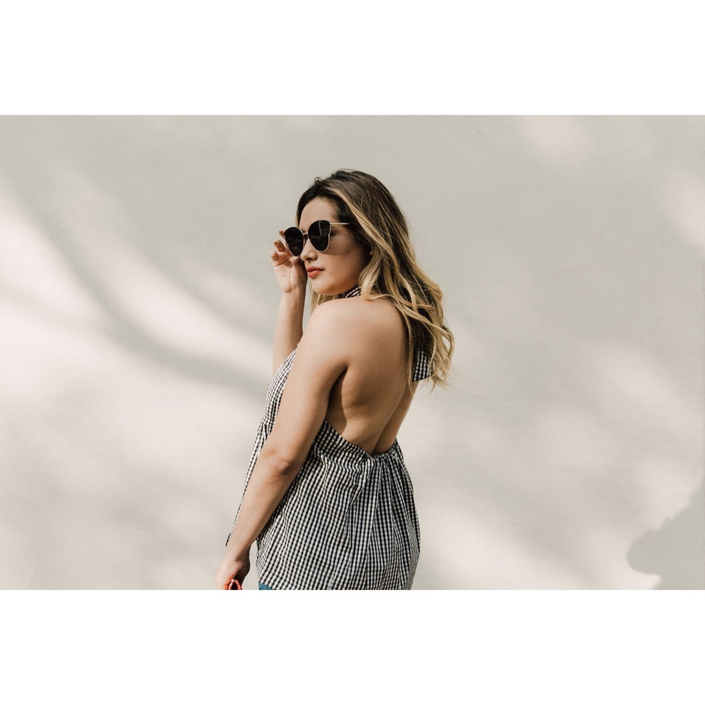 NEW Free People Take It Easy Gingham Halter Top Size Large Black & White