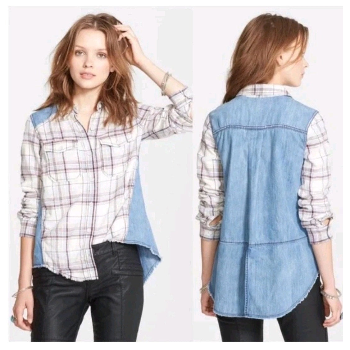 Free People Roadtrip Getaway Flannel Button Shirt $128 MEDIUM Swan BLUE