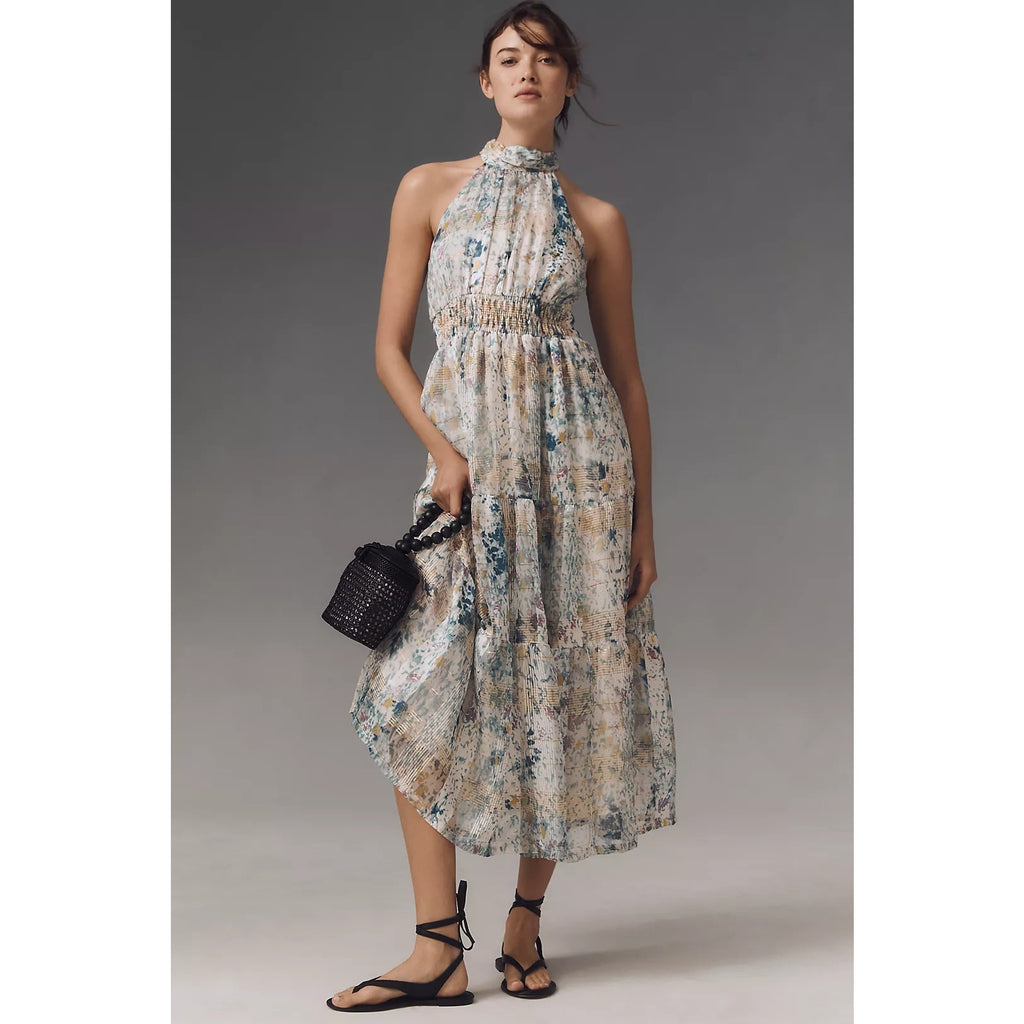 Anthropologie The Somerset Chiffon Maxi Dress SMALL Blue Gold Motif Anthropologie