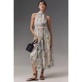 Anthropologie The Somerset Chiffon Maxi Dress SMALL Blue Gold Motif Anthropologie