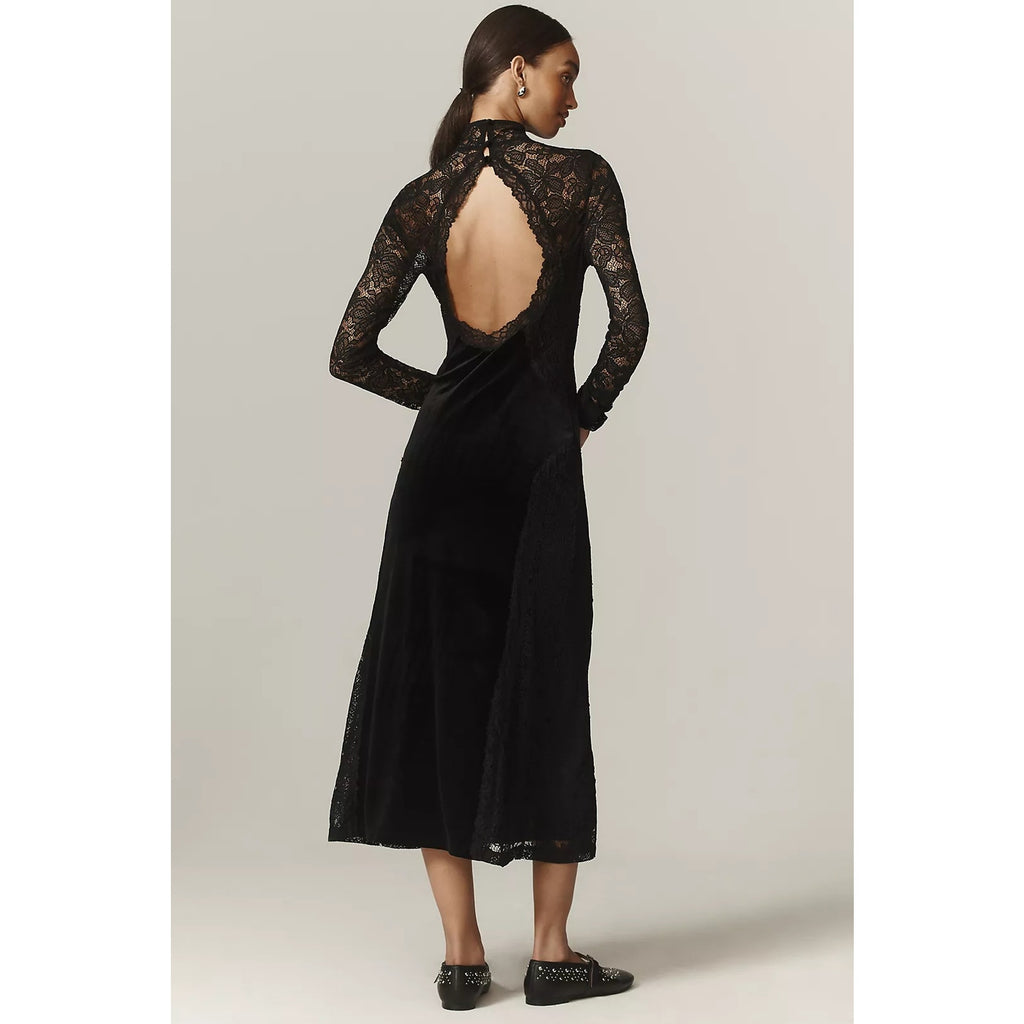 Anthropologie Long-Sleeve Mock-Neck Lace Velvet Slip Midi Dress $170 SMALL