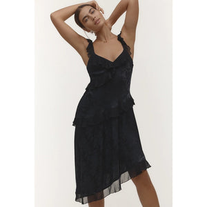 New By Anthropologie V-Neck Ruffle Asymmetric Midi Dress $168 X-SMALL Black