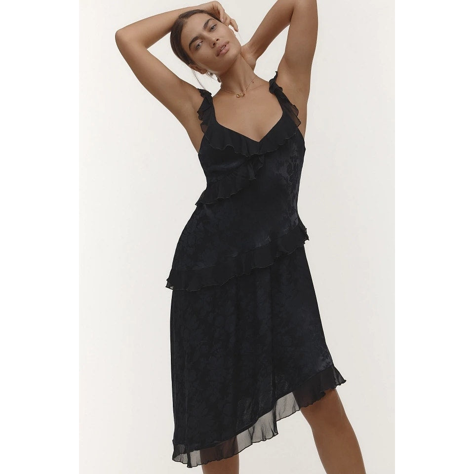 New By Anthropologie V-Neck Ruffle Asymmetric Midi Dress $168 X-SMALL Black