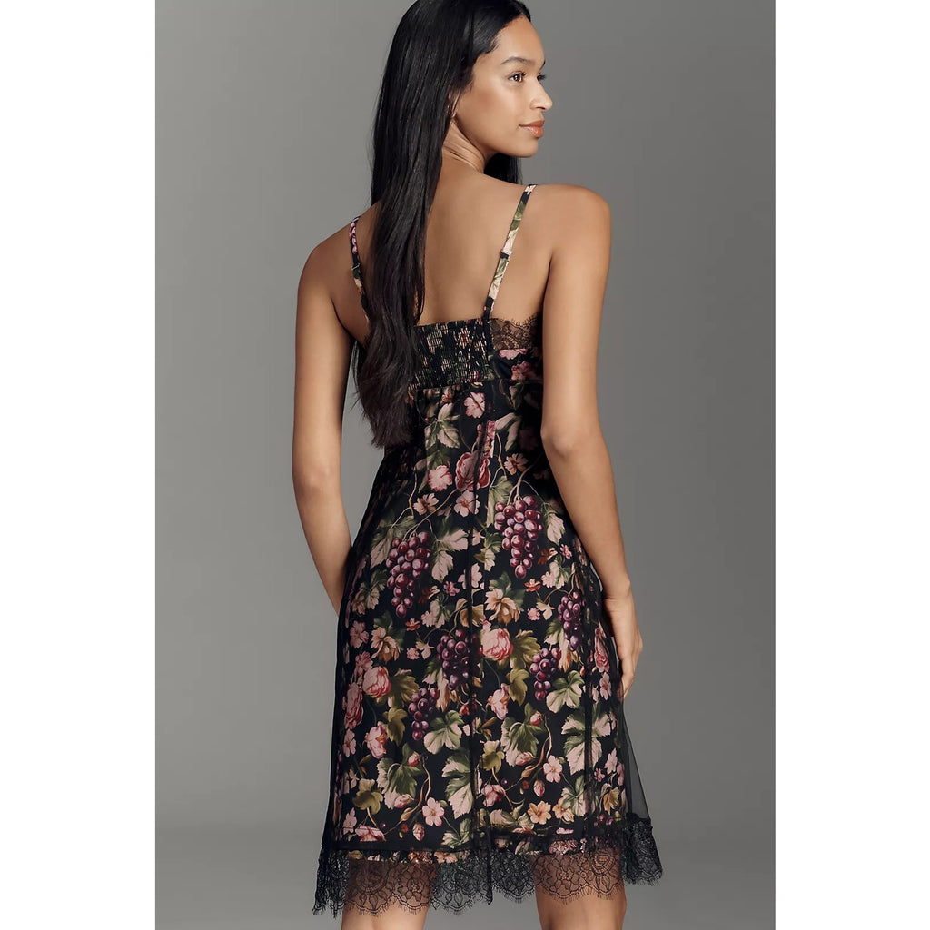 Anthropologie Maeve Floral Fruit Mesh Slip Dress LARGE Black Lace Trim Anthropologie