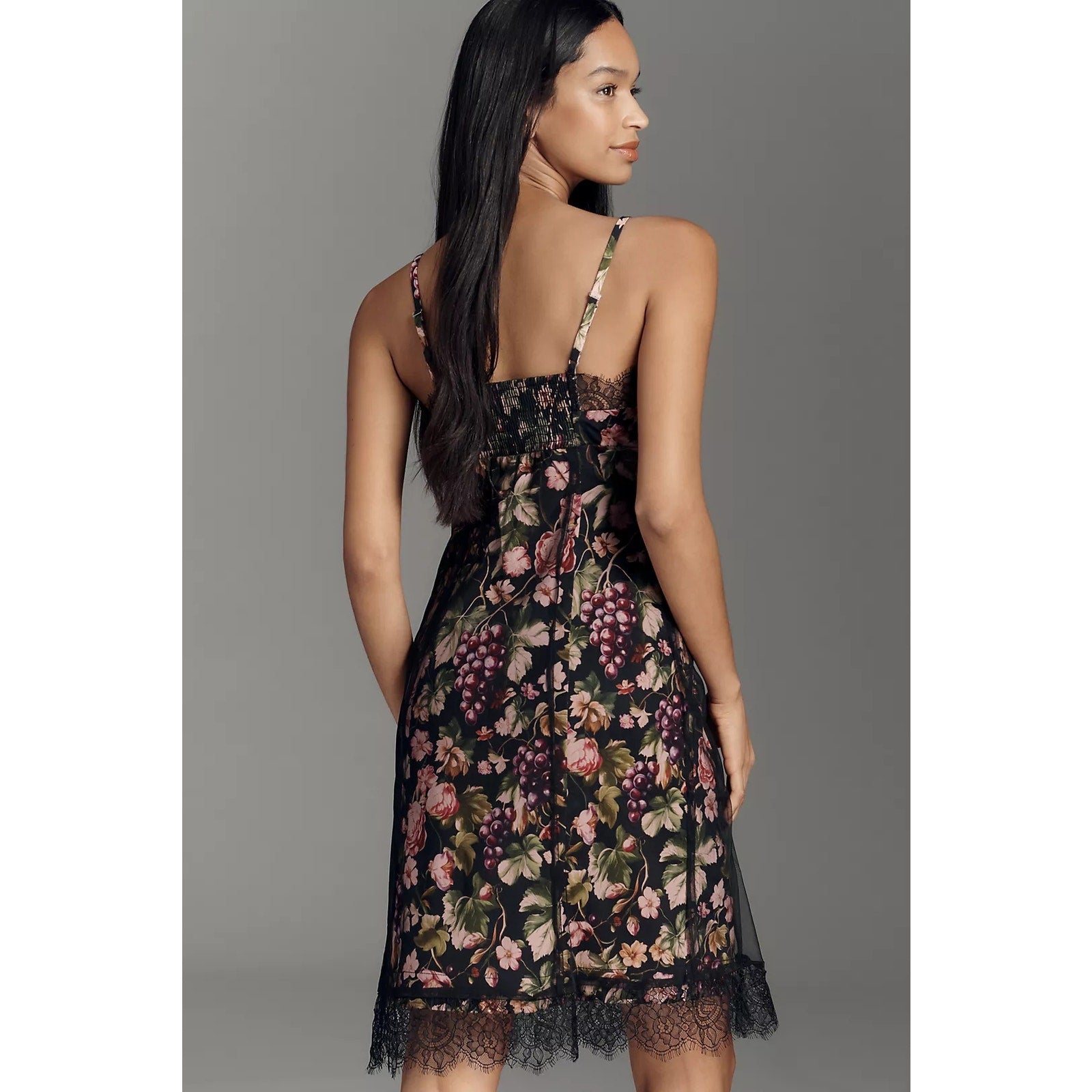 Anthropologie Maeve Floral Fruit Mesh Slip Dress LARGE Black Lace Trim Anthropologie