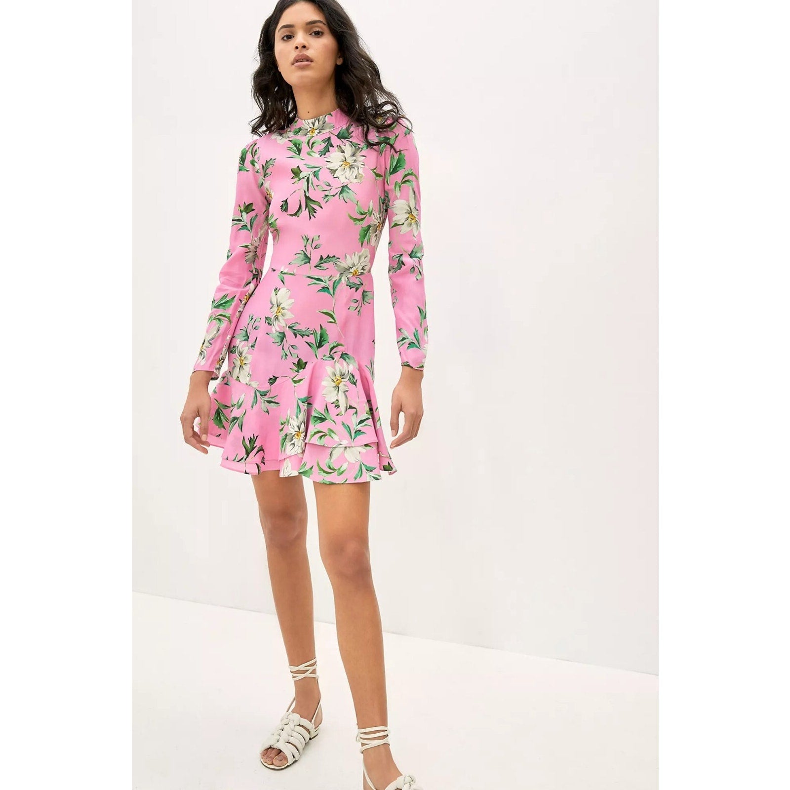 New Anthropologie Yumi Kim Morning Grace Floral Mini Dress Sz S Long-Sleeve Pink