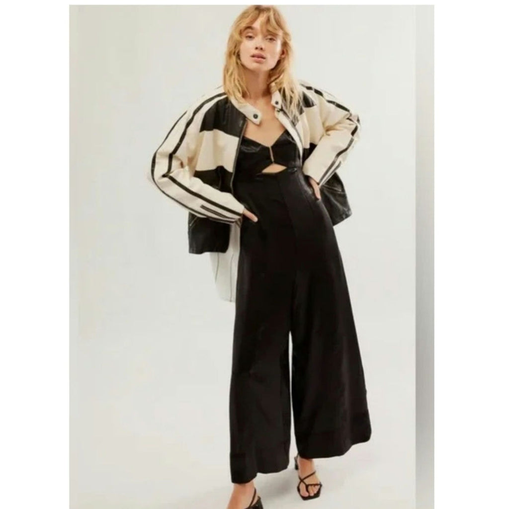 New FREE PEOPLE Abbie Jumpsuit SATIN $250 SIZE 2 Black SPECIAL OCCASION Wideleg