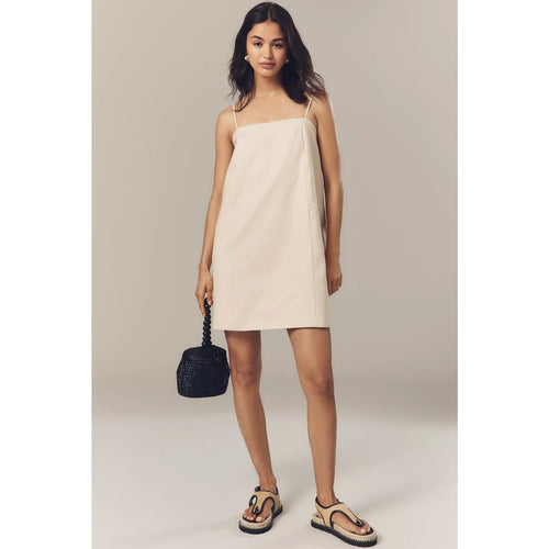 Light beige linen-blend mini A-line dress with square neckline and thin straps