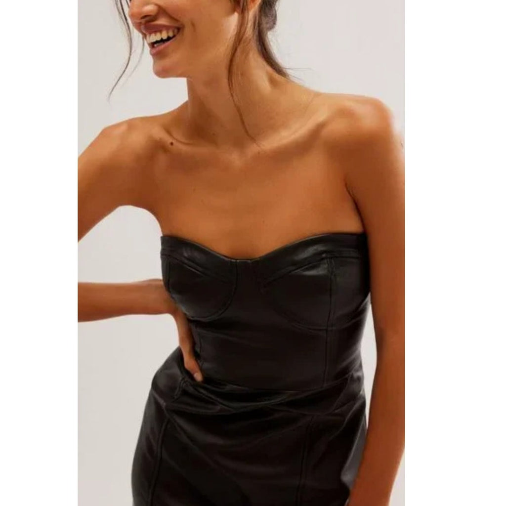 New Free People Mira Faux Leather Midi Dress $168 SIZE 10 Black Vegan Strapless
