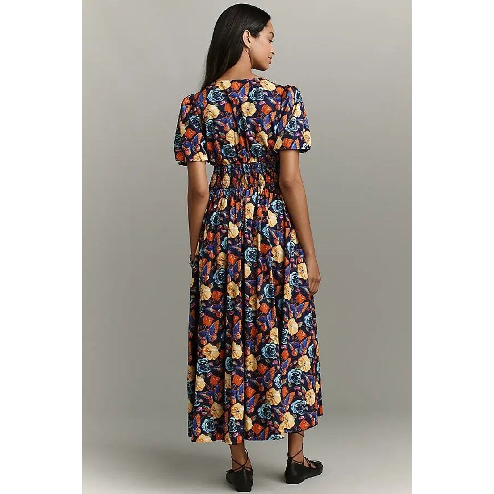 ANTHROPOLOGIE Katerina Button-Front Floral Midi Dress PLUS 2X Navy Anthropologie