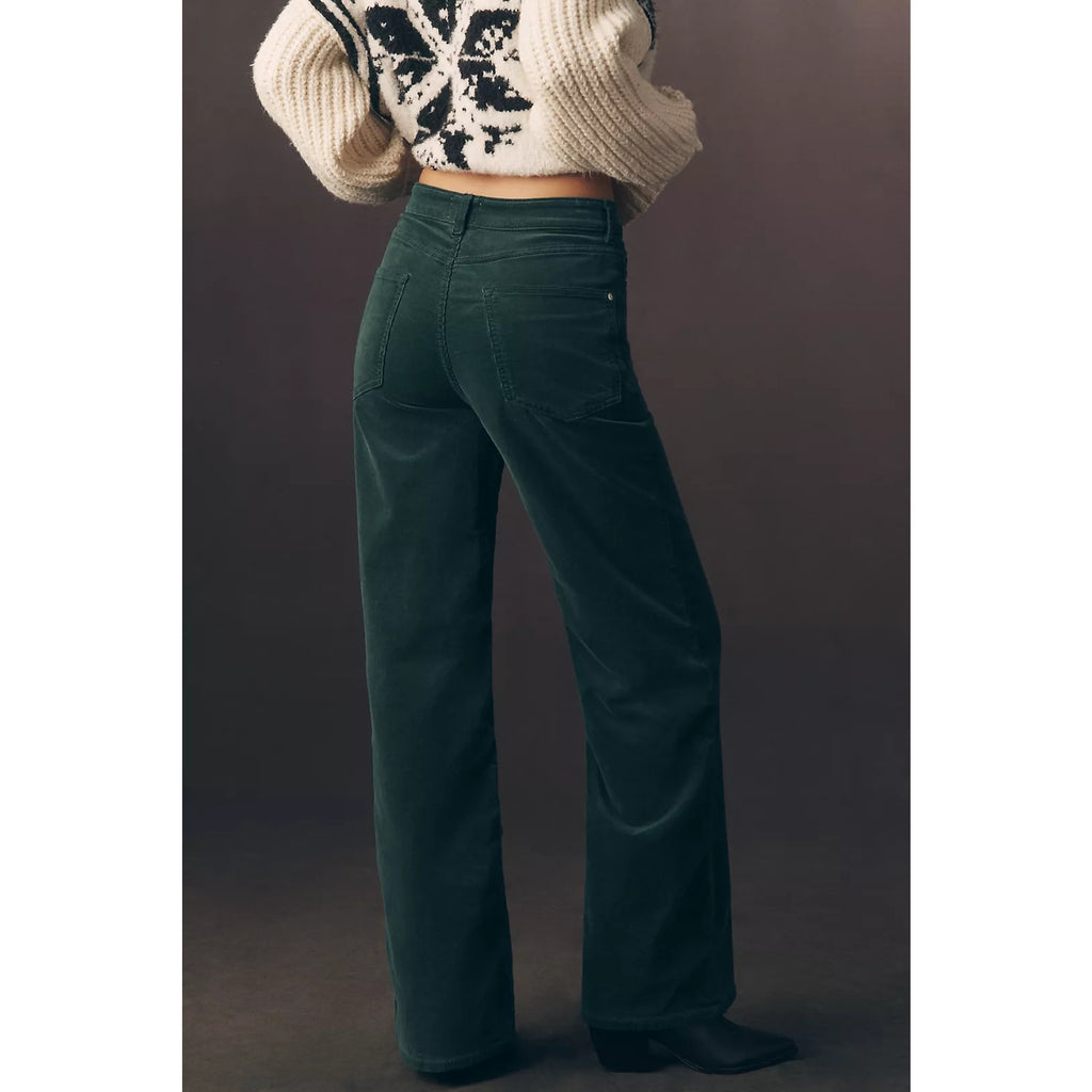 Green high-rise wide-leg jeans, back waistband and pocket detail