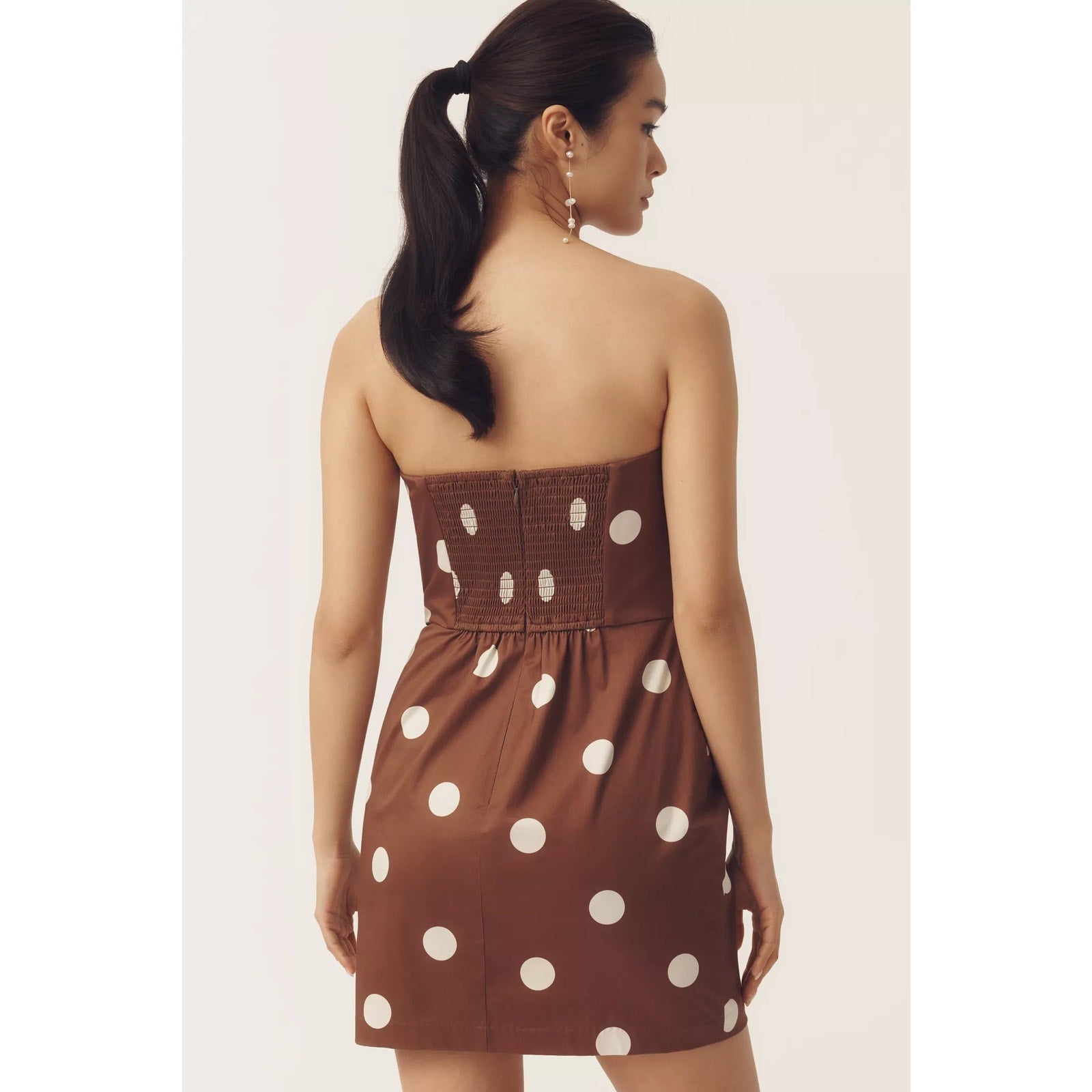 Anthropologie Hutch Strapless Bow Slim Mini Dress Medium Brown Dot Anthropologie