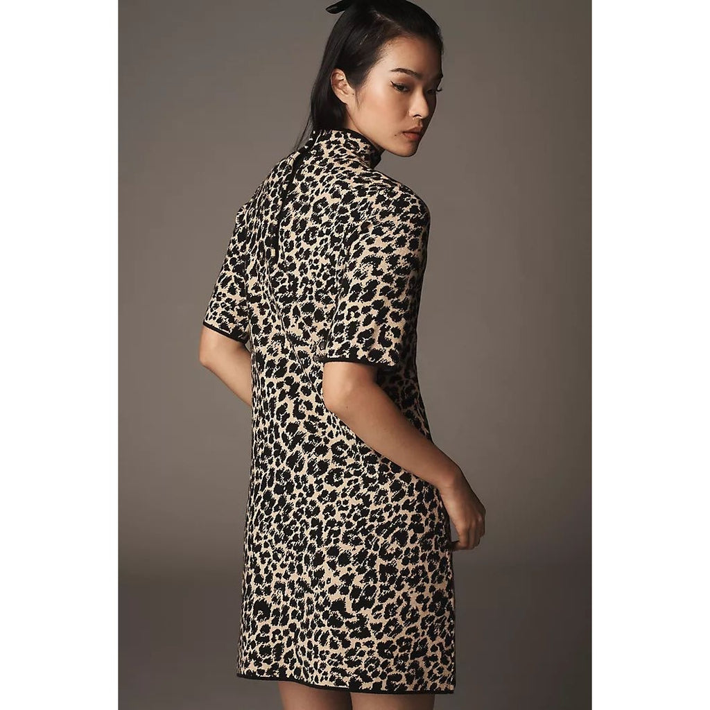 Anthropologie Annalise Mock-Neck Mini Sweater Dress by Maeve XS Cheetah Anthropologie