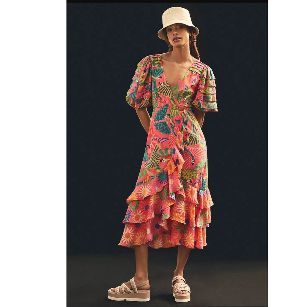 Anthropologie Farm Rio Macaw Ruffled Wrap Dress SMALL MEDIUM Coral Anthropologie