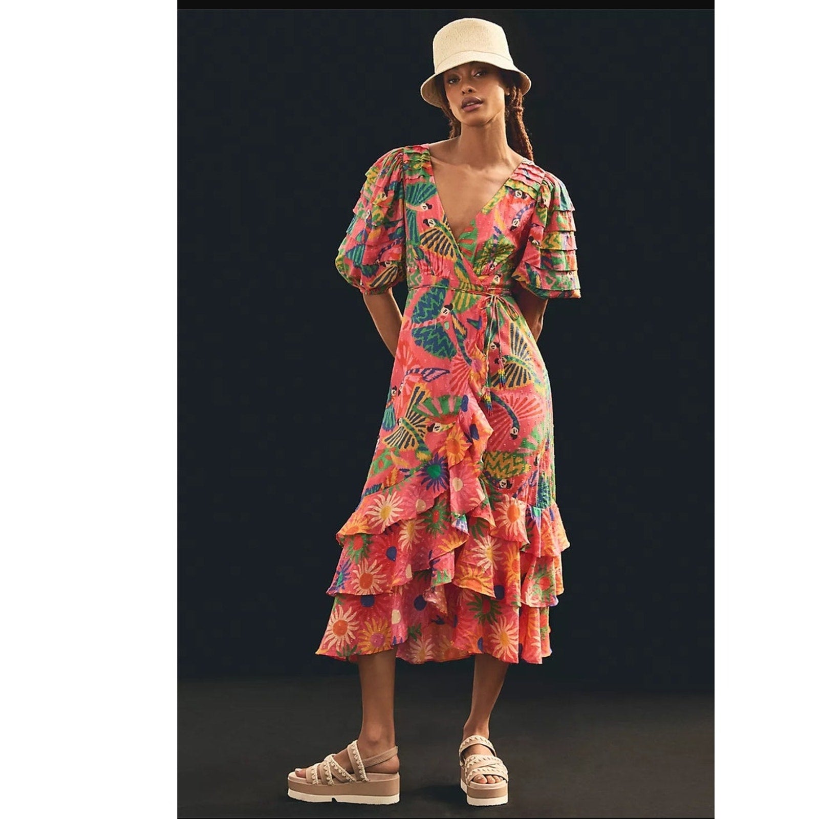 Anthropologie Farm Rio Macaw Ruffled Wrap Dress SMALL MEDIUM Coral Anthropologie