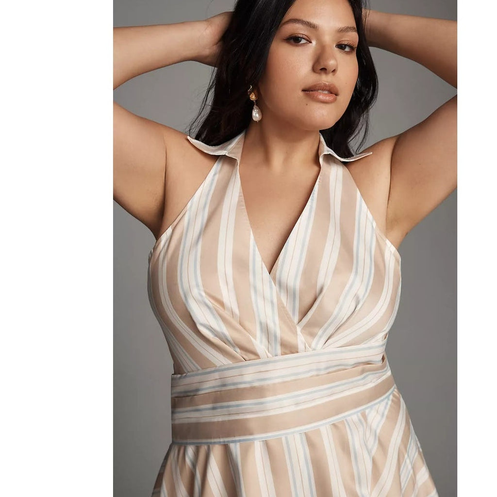 New Anthropologie Maeve Asymmetrical Wrap Shirt Dress $180 SIZE 14 Neutral Motif