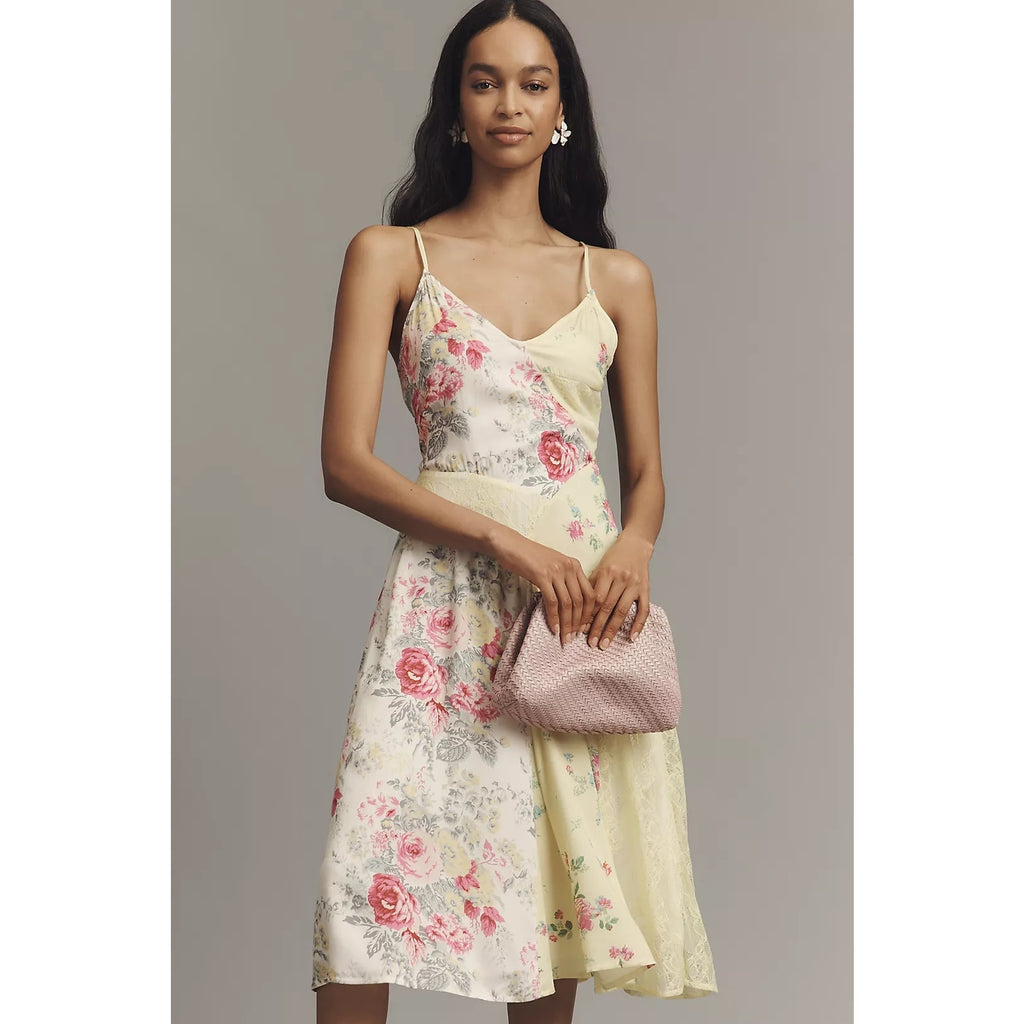 Anthropologie Sleeveless Patchwork Floral Slip Midi Dress Sz M Yellow Anthropologie