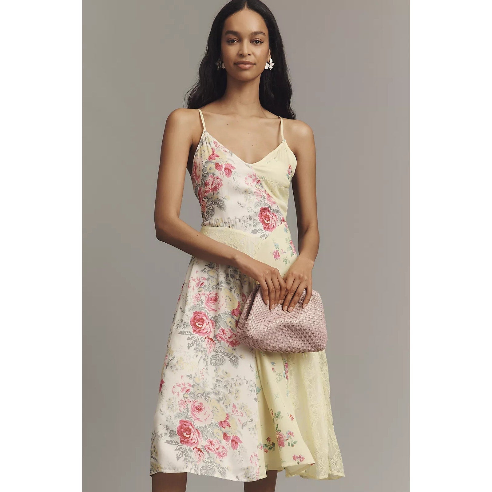 Anthropologie Sleeveless Patchwork Floral Slip Midi Dress Sz M Yellow Anthropologie