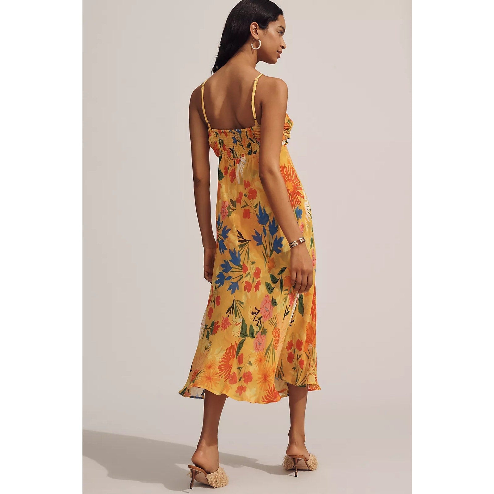 By Anthropologie Halter Slip Midi Dress MEDIUM Yellow Floral Motif Anthropologie
