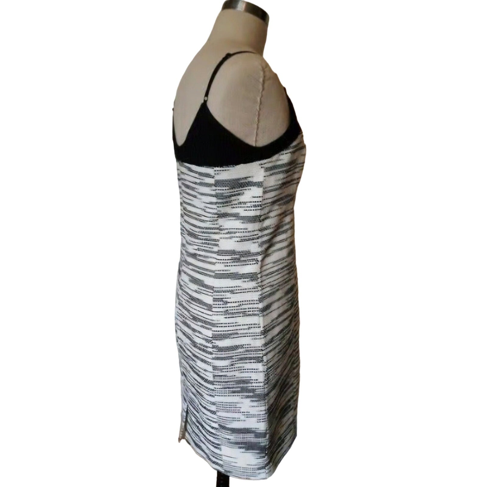 New W By Worth Optic White and Black Striated Jacquard & Lace Slip Dress Sz 8