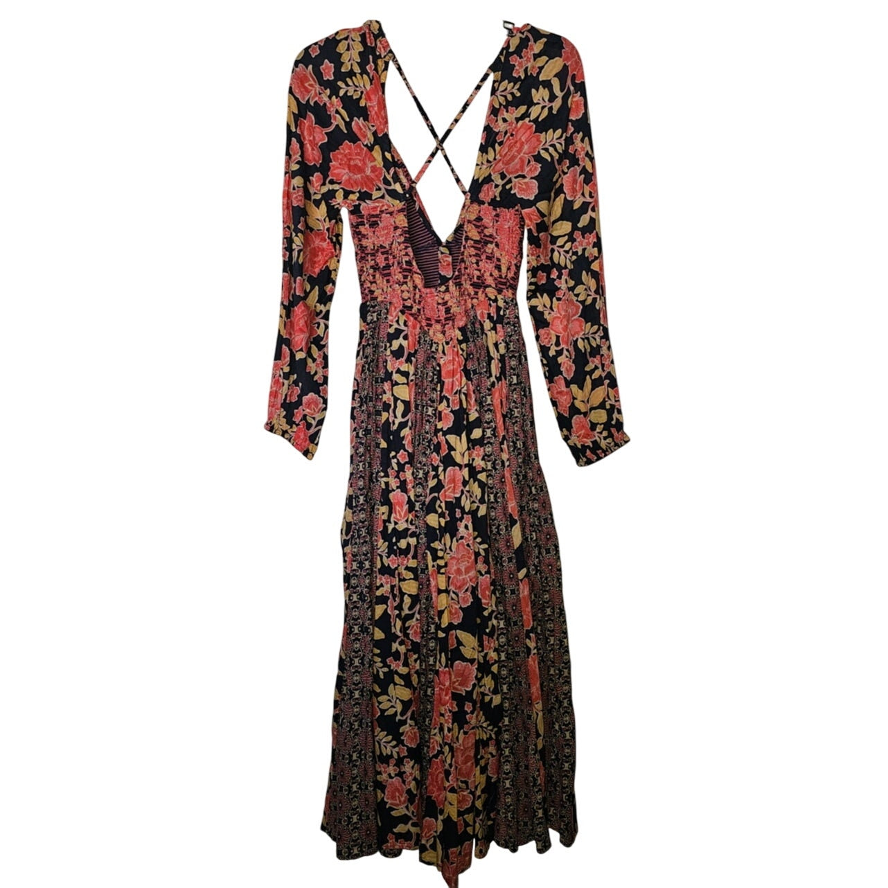 New Free People A New Way Floral Maxi Dress $168 X-SMALL Navy Combo Smocked