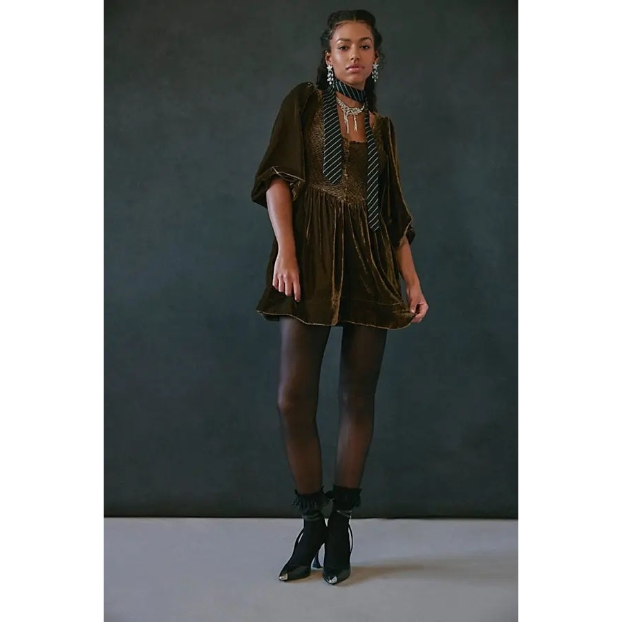 Free People Farrier Velvet Mini Dress X-SMALL Brown SMOCKED Free People