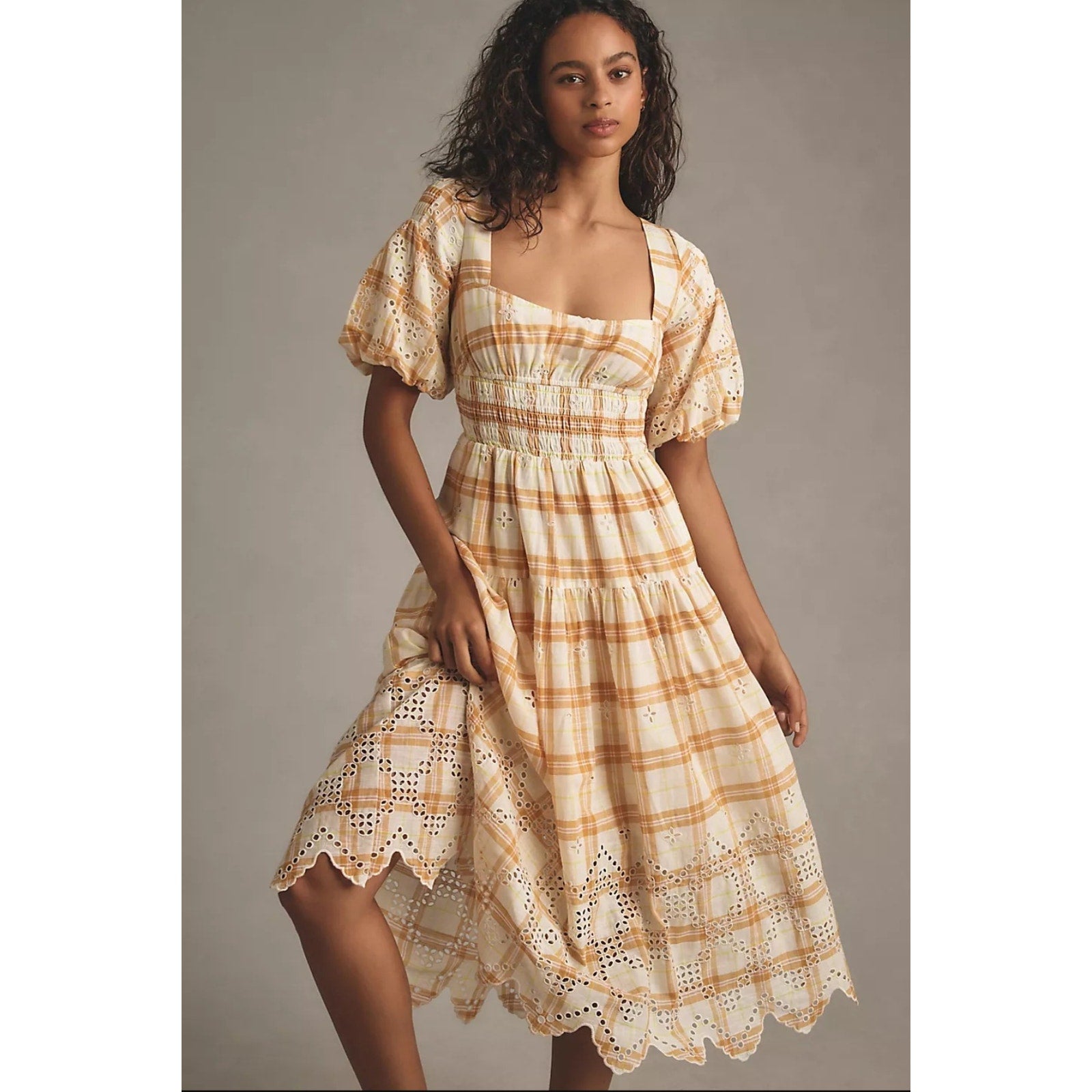 New By Anthropologie Puff-Sleeve Eyelet Midi Dress $188 X-SMALL Yellow