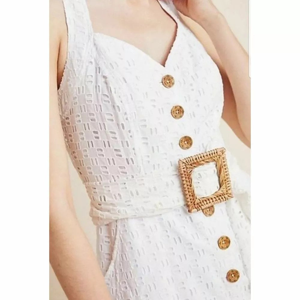 New Anthropologie Belted Eyelet Lace Romper $160 White Size 0 Button Front