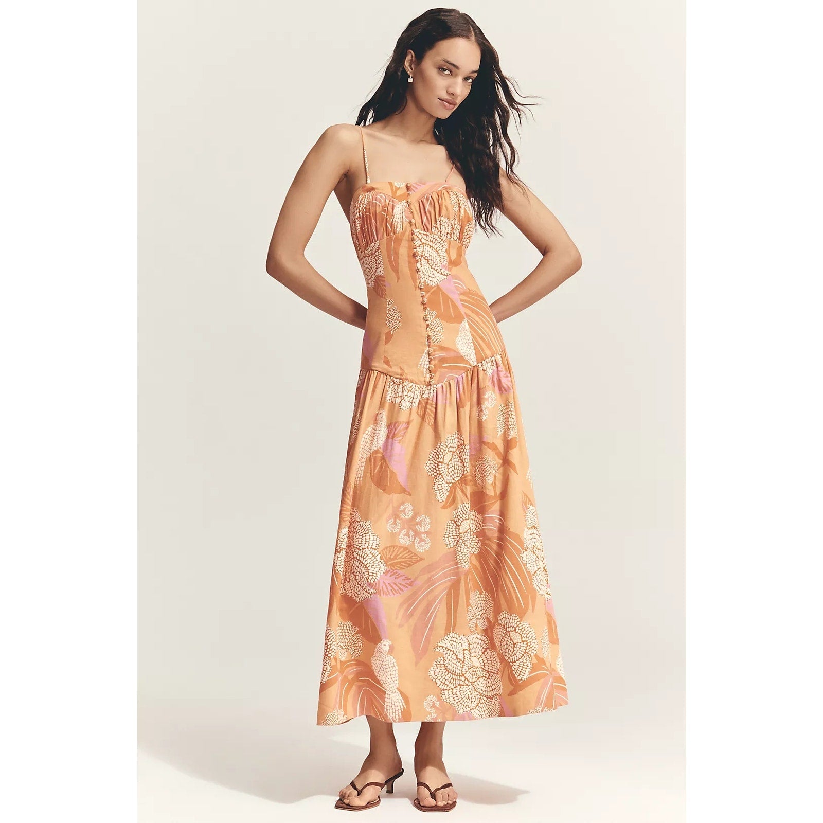 Farm Rio x Anthropologie Linen Blend Strapless Drop-Waist Maxi Dress LARGE Anthropologie