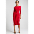Red midi dress with 3/4 sleeves and twisted front knot detail