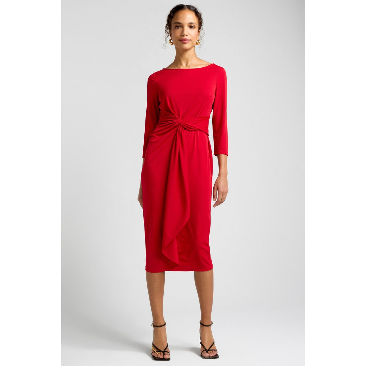 Red midi dress with 3/4 sleeves and twisted front knot detail