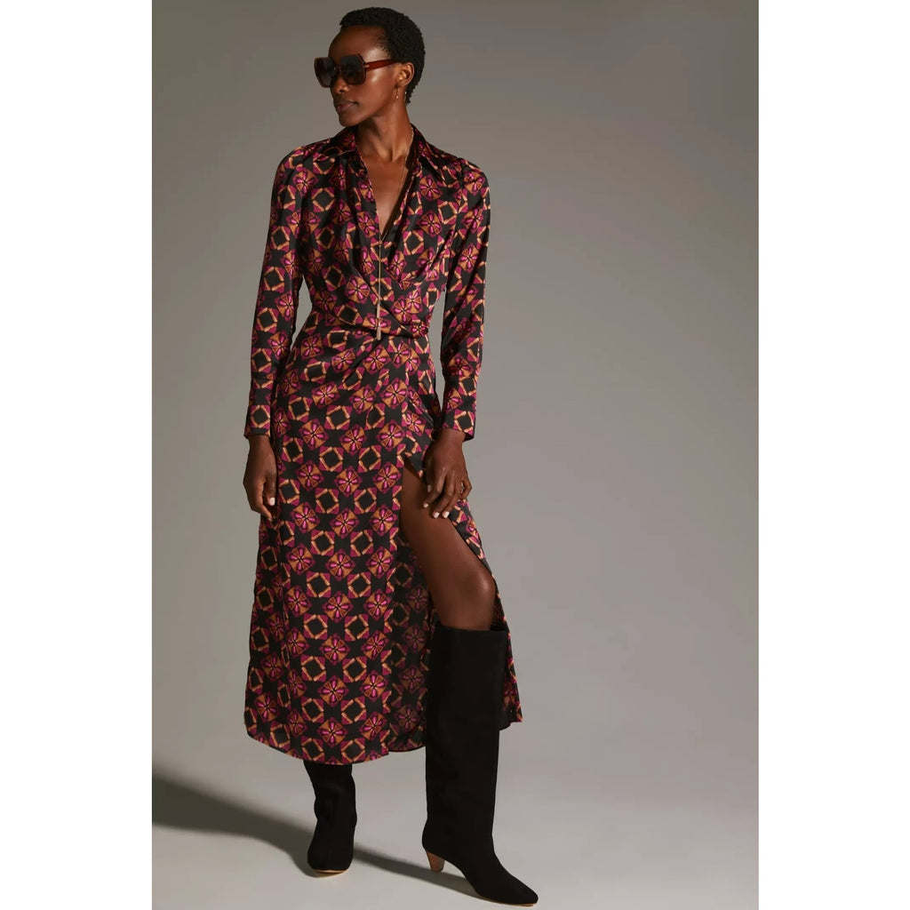 New Anthropologie x MISA Long-Sleeve Geo Wrap Dress $435 MEDIUM Midi Black