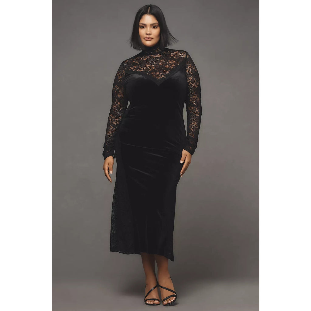 Anthropologie Long-Sleeve Mock-Neck Lace Velvet Slip Midi Dress $170 SMALL